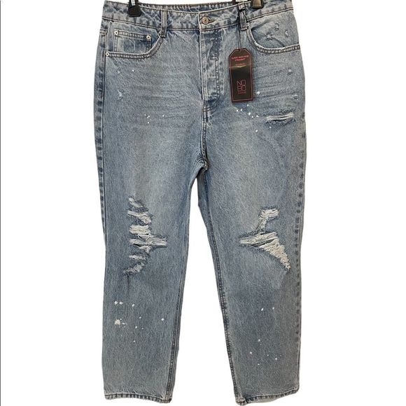 NOBO New Light Wash Super Hi Rise Relaxed Fit 90s Distressed Denim Blue Jeans - Picture 1 of 11